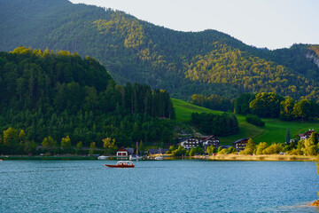 Pleasure boat on the lake Wolfgang. Austrian Alps, Salzburg region.