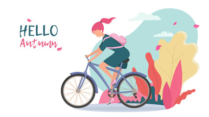 A girl rides a bicycle, a European woman rides a bicycle in the autumn landscape. Poster or banner for bike shop, sportswear or postcard