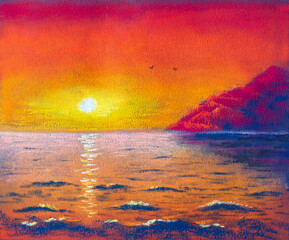 Beautiful sea, sky, mountain pastel hand drawing for printing on paper and fabric