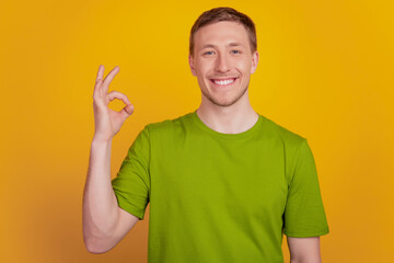 Close up portrait of nice young man show finger okay alright sign isolated on yellow color background