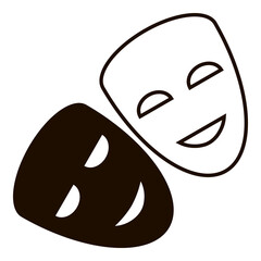 Theatrical black mask and white mask. Two symbolic traditional masks silhouettes. Dedicated overlay on face with cutouts for eyes and mouth. Flat style for web, print or advertising. Logo design.