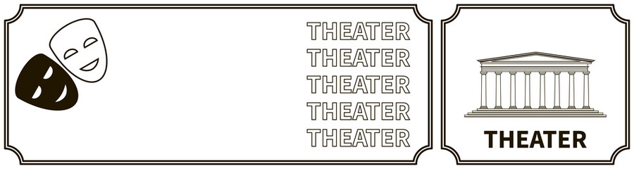 Banner with theater building facade and masks silhouettes. Classic facade with columns. Theatrical black mask and white mask. Architecture and landmark. Linear design. Theater landing page template.