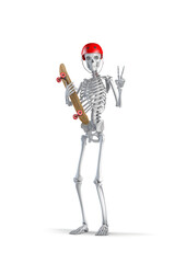 Skater skeleton - 3D illustration of male human skeleton figure wearing skate helmet and holding skateboard and showing victory hand sign isolated on white studio background - 454737337