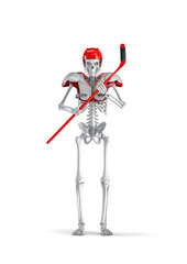 Ice hockey player skeleton - 3D illustration of male human skeleton figure with hockey stick wearing helmet and pads isolated on white studio background