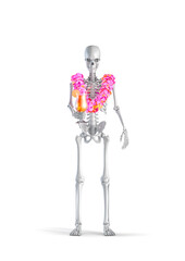 Tropical holiday skeleton - 3D illustration of male human skeleton figure on vacation with fruit cocktail and Hawaiian flower lei isolated on white studio background