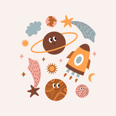 Cute bright colorful cosmic objects in boho style.  Vector print for nursery room, stickers, greeting cards, kids and baby clothes.	
