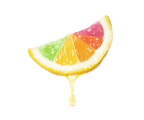 Fresh lemon slice with rainbow segments on white background. Brighten your life - obrazy, fototapety, plakaty