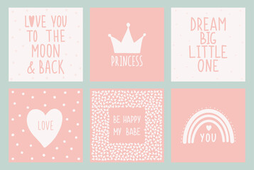 Scandinavian style nursery decoration. Cute hand drawn crown, rainbow , heart and lettering. Children's wall pictures for girls. A set of vector illustrations ideal for cards, invitations, posters.