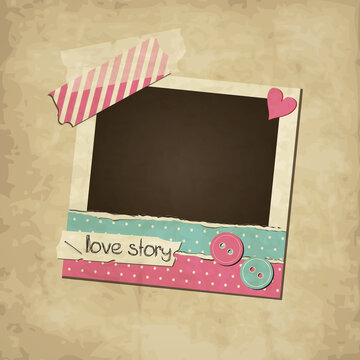 Scrapbook pink vintage love photo frame with washi tape and torn paper, stickers and buttons