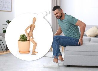 Hemorrhoid problem. Man suffering from pain in living room