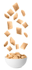 Sweet crispy corn pads falling into bowl on white background