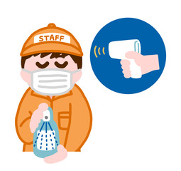 アルコール消毒・検温をするイベントスタッフ　男性
