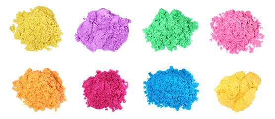 Set with piles of colorful kinetic sand on white background, top view. Banner design