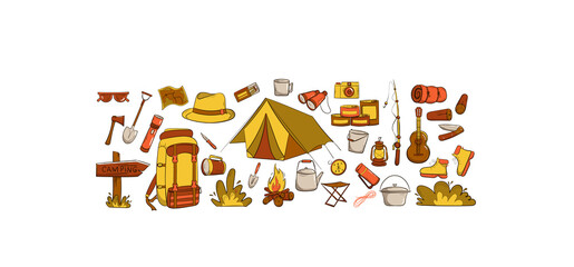 Camping and travel items set. Hand drawn style. Items are arranged horizontally. Hat, canned food, sleeping bag, knife, binoculars, compass, tent, fishing rod, sneakers. Vector illustration