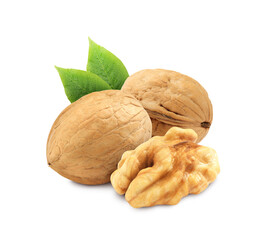 Tasty walnuts and green leaves on white background