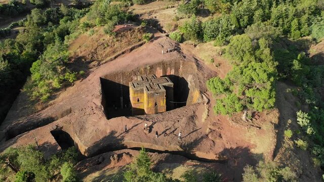 Aerial view of the monolithic rock-cut church of Saint George dated to the late 12th, Amhara Region, Lalibela, Ethiopia 