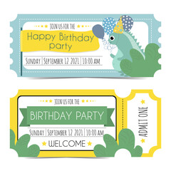 Children's birthday tickets with cartoon dinosaur and leaves. Invitations to a children's party for a boy or girl. Two ticket templates isolated on white background.