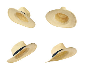 Set with stylish straw hats on white background. Stylish headdress