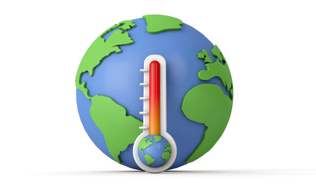 Planet earth global warming concept. Thermometer with earth model. 3D Render
