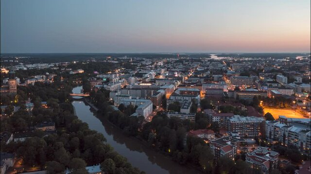 Aerial timelapse or hyperlapse of the downtown area of Turku, Finland