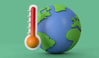 Rising global temperatures. Earth model with a thermometer. 3D Render - obrazy, fototapety, plakaty