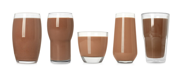 Set with delicious chocolate milk on white background. Banner design