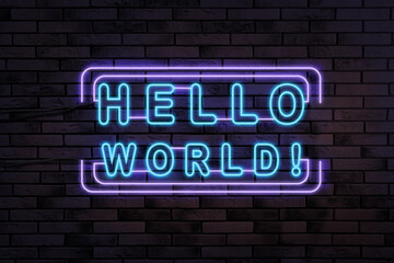 Naklejka na ściany i meble Stylish neon sign with phrase Hello World on brick wall