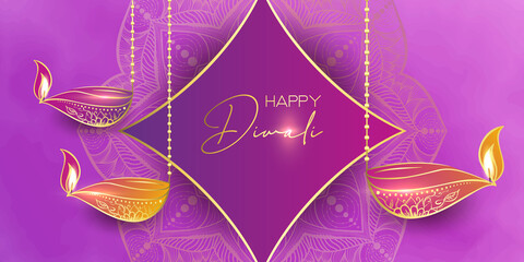 Diwali festival holiday design with paper cut style of Indian Rangoli. Happy Diwali. Paper Graphic of Indian Rangoli. Gold Mandala on purple pink yellow background. Design for banner, invitation, menu