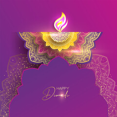 Diwali festival holiday design with paper cut style of Indian Rangoli. Happy Diwali. Paper Graphic of Indian Rangoli. Gold Mandala on purple pink yellow background. Design for banner, invitation, menu
