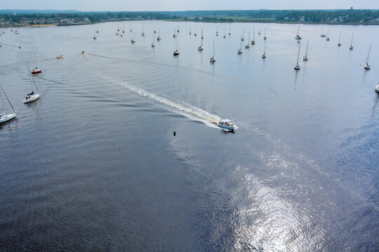 Aerial view of yacht marina sailing boats on ocean