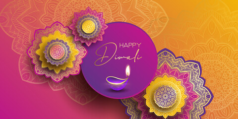 Diwali festival holiday design with paper cut style of Indian Rangoli. Happy Diwali. Paper Graphic of Indian Rangoli. Gold Mandala on purple pink yellow background. Design for banner, invitation, menu