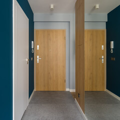 Stylish apartment corridor with mirror wall