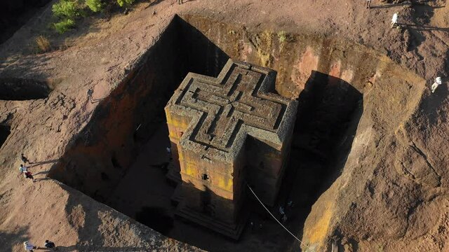 Aerial view of the monolithic rock-cut church of Saint George dated to the late 12th, Amhara Region, Lalibela, Ethiopia 