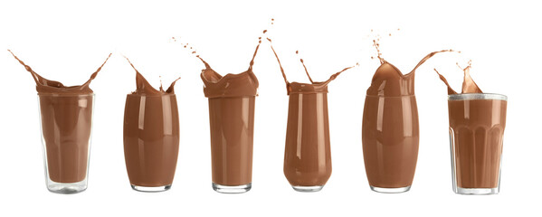 Set with delicious chocolate milk splashing out of glasses on white background. Banner design