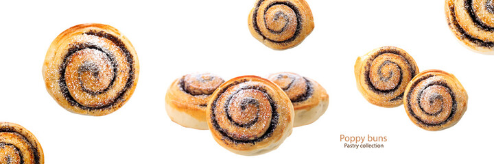 Fresh baked tasty poppy buns with sugar powder flying isolated on white