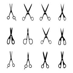 Icon of various types of metal scissors with plastic handles on a white background.