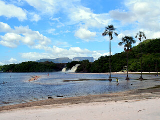 Beach and waterfalls in Canaima National Park, Venezuela