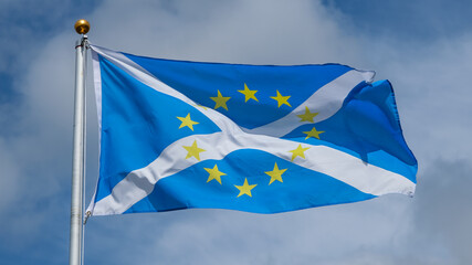 A Scottish Saltire and European Union flag with 12 golden stars in the centre
