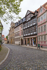Quedlinburg, Germany. Half-timbered medieval houses on one of the streets of the historic center (UNESCO)