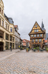 Quedlinburg, Germany. Half-timbered buildings at Marcet square in the historic center (UNESCO) 