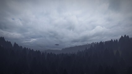 3D illustration. UFO over the mountains © kolbass