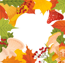 Autumn frame, templates with leaves and mushrooms elements, vector cartoon illustration