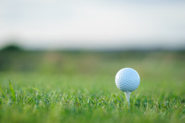 Golf ball on green grass on a golf course. Sports equipment close-up.