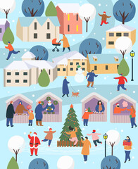 Obraz premium Winter city with people.Сhristmas in the park. Big set of people in winter. People walking, skating, skiing, making a snowman, walking. Flat cartoon vector illustr