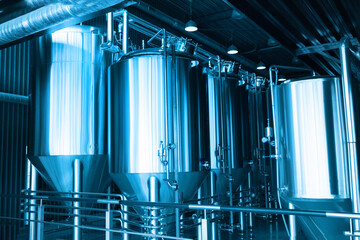 Shiny metal micro breweries at Craft brewery. Small business concept.