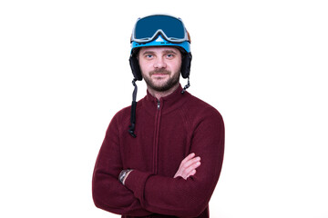 Portrait of a bearded man in a ski helmet and glasses
