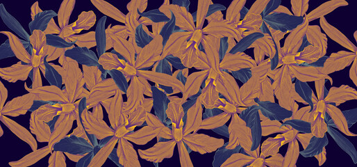 Kwiaty, Orchidea, ugrowe, stare złoto , granatowe tło, deseń, flora. Ozdobny papier, druk na tkaninie, tapeta, grafika na ścianę © Victoria Ritchie