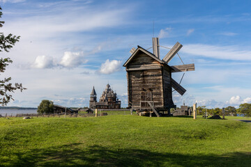 KIZHI, august, 2021Museum on Lake Onega. Museum of wooden architecture. Wooden Mill. Russia