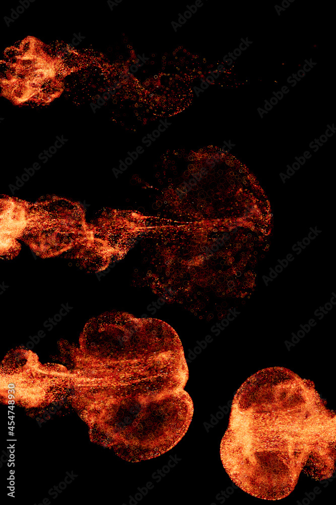 Poster 3d render of exploding with particles and depth of field. warm bright flame. detailed simulation.
