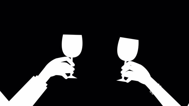 male and female hands with wine glasses. dating, cheering, celebration concept. flat character design for New Year or birthday. Drinking Alcohol at Party. ALPHA channel animation. romantic moment